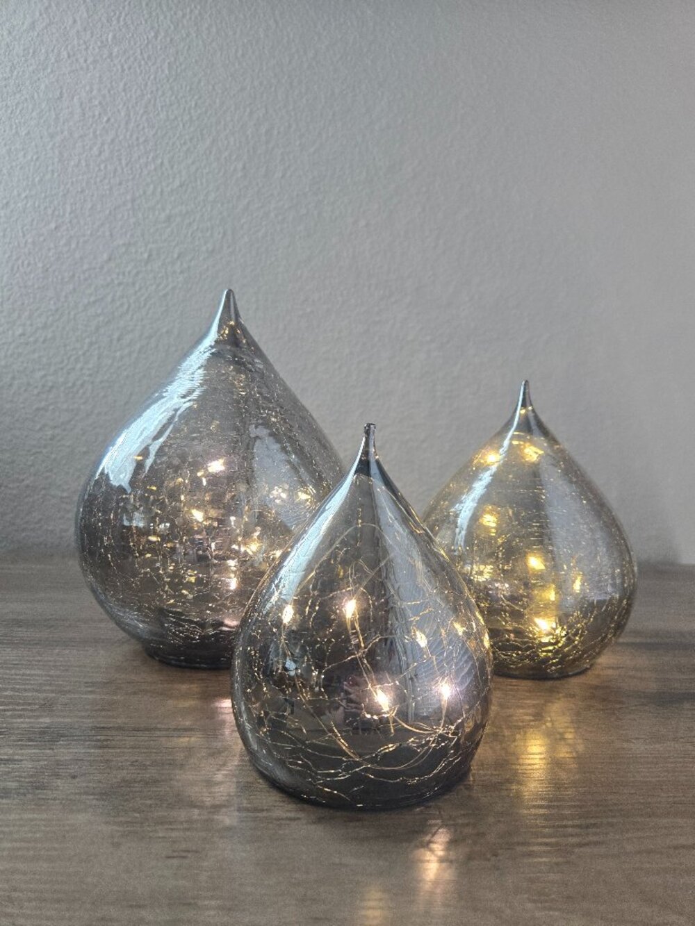 Evergreen LED Glass Raindrops, set of 3 Crackle Glass Finish Smokey Gray